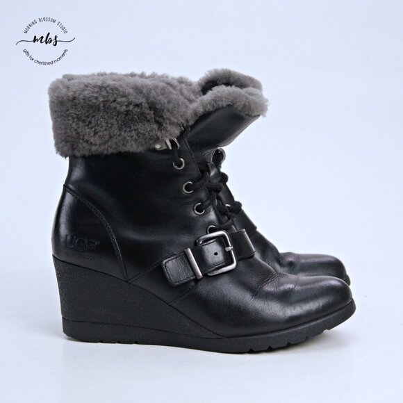 UGG Janney Waterproof Fur Wedge Boots Black Women 5 - Picture 1 of 13
